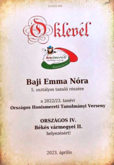 Baji Emma Nóra a Szegedi  5.a osztályos tanulója kiválóan szerepelt az Országos Honismereti Tanulmányi Versenyen